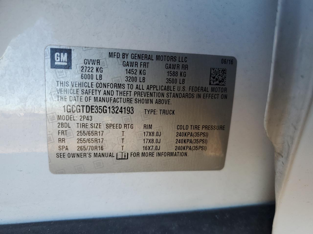 1GCGTDE35G1324193 CHEVROLET COLORADO 2016