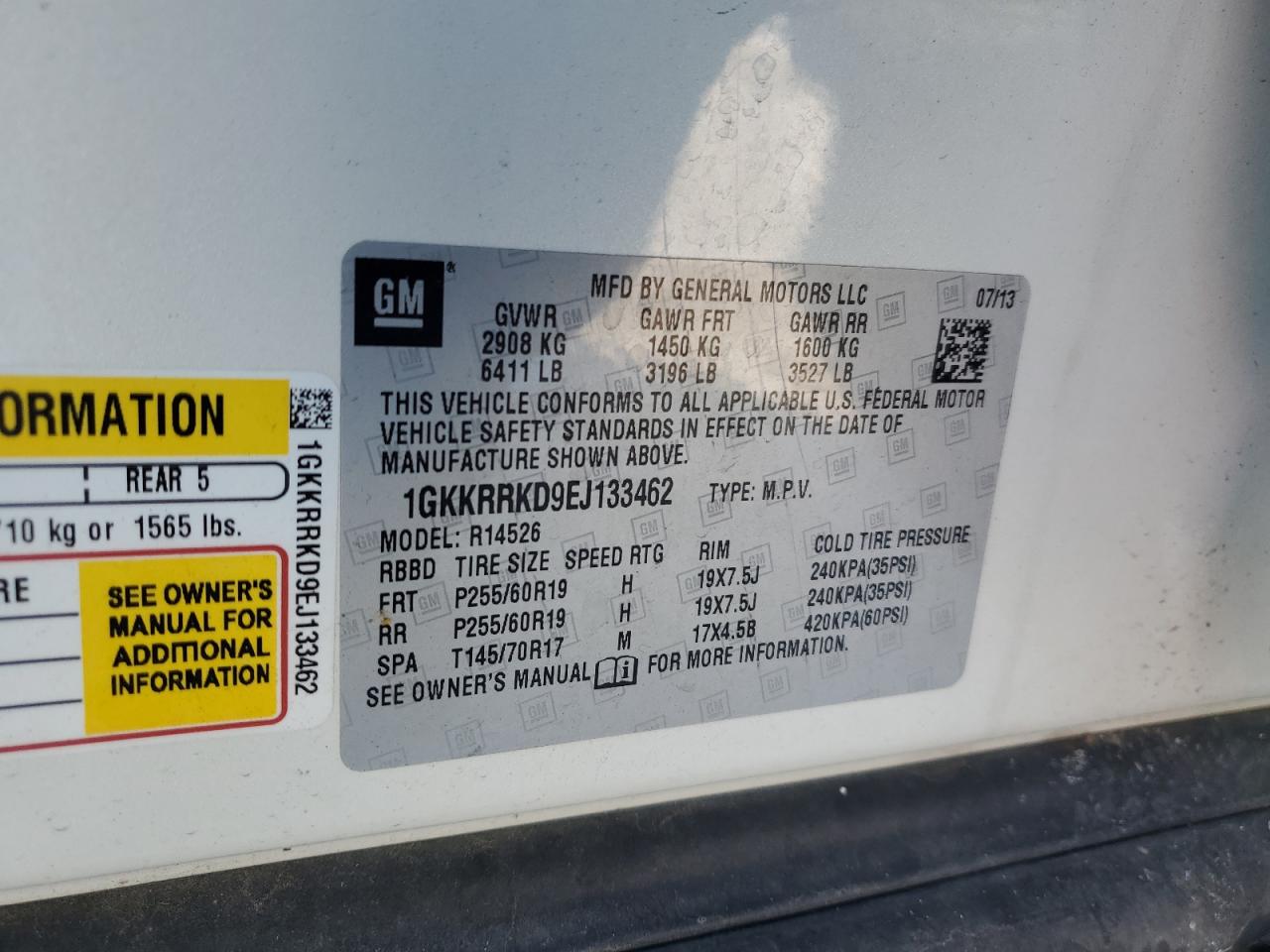 2014 GMC Acadia Slt-1 VIN: 1GKKRRKD9EJ133462 Lot: 88687195