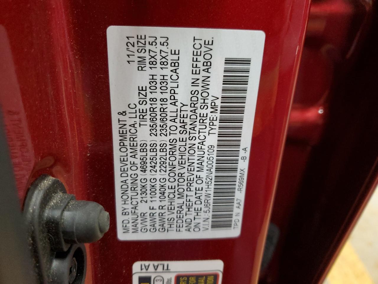 5J6RW1H52NA005109 HONDA CRV 2022