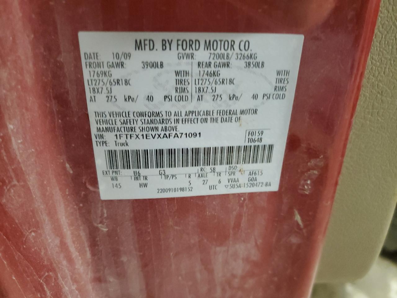 2010 Ford F150 Super Cab VIN: 1FTFX1EVXAFA71091 Lot: 87000154