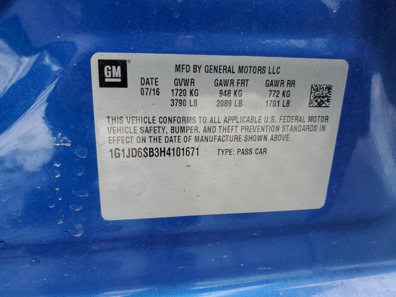 1G1JD6SB3H4101671 CHEVROLET SONIC 2017