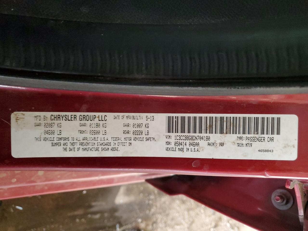 2013 Chrysler 200 Touring VIN: 1C3CCBBG8DN704180 Lot: 42791685