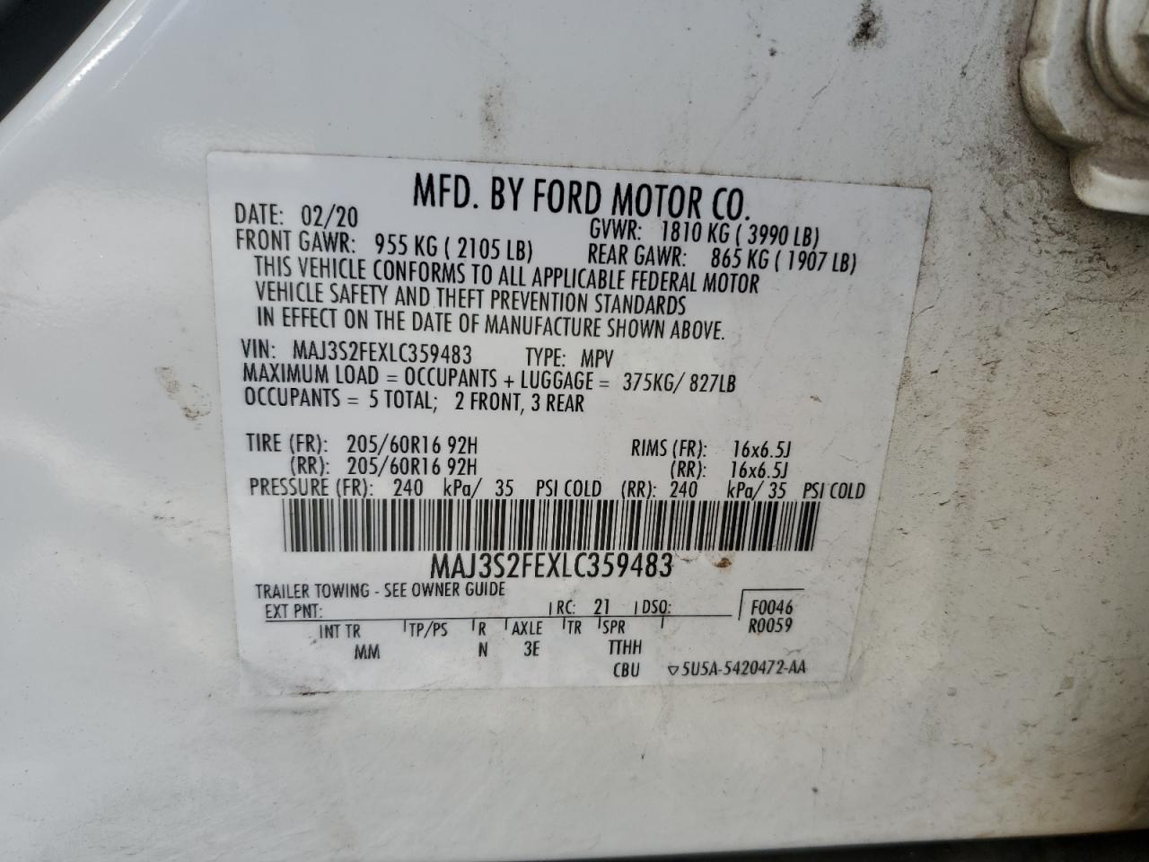 MAJ3S2FEXLC359483 FORD ECOSPORT 2020