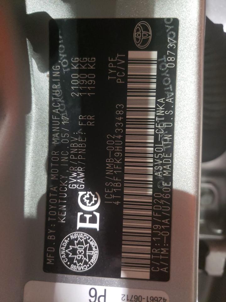 4T1BF1FK9HU433483 TOYOTA CAMRY 2017