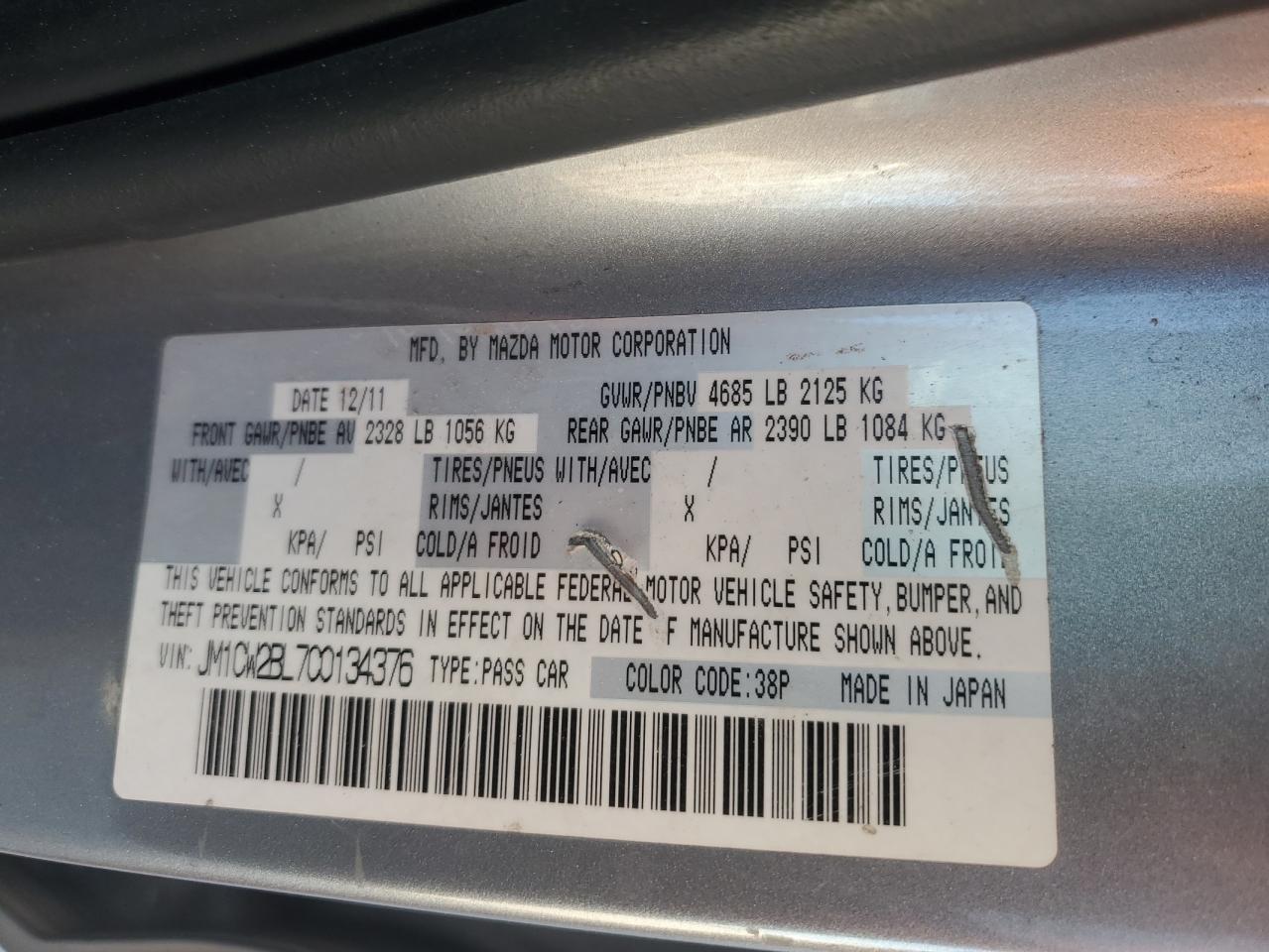 2012 Mazda 5 VIN: JM1CW2BL7C0134376 Lot: 88946395