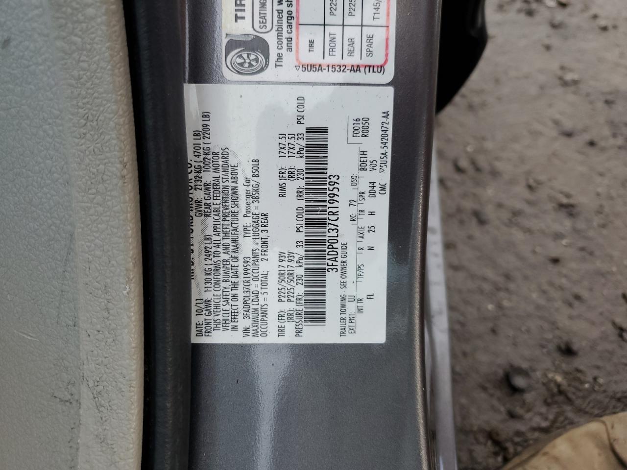 2012 Ford Fusion Hybrid VIN: 3FADP0L37CR199593 Lot: 41639055