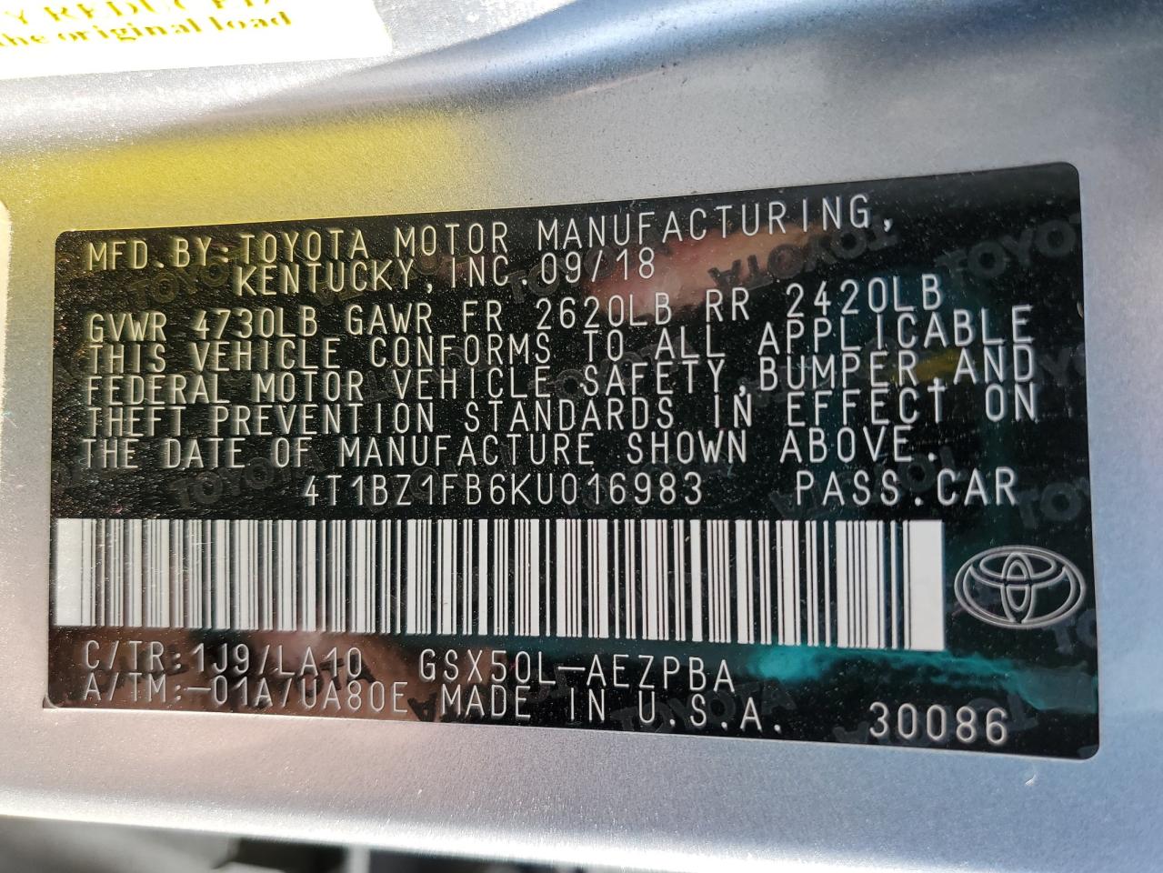 4T1BZ1FB6KU016983 TOYOTA AVALON 2019