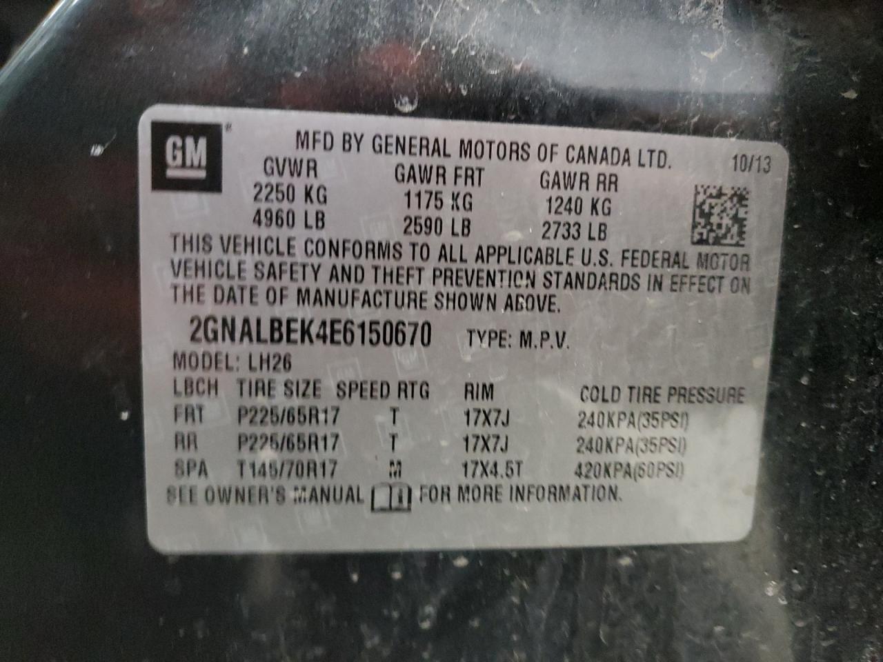 VIN 2GNALBEK4E6150670 2014 CHEVROLET EQUINOX no.12