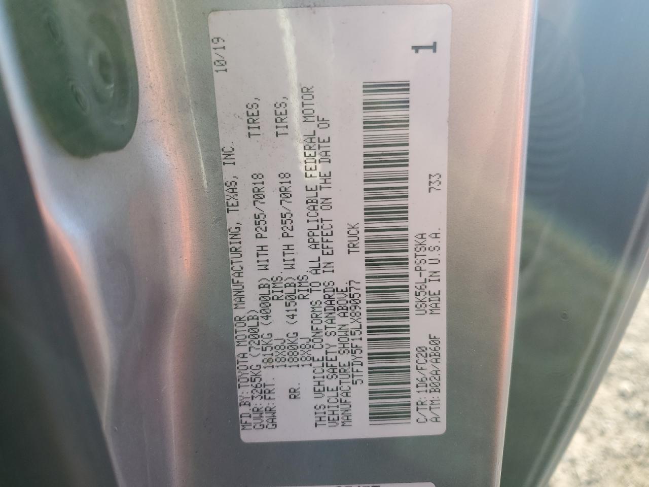 2020 Toyota Tundra Crewmax Sr5 VIN: 5TFDY5F15LX890577 Lot: 86698144