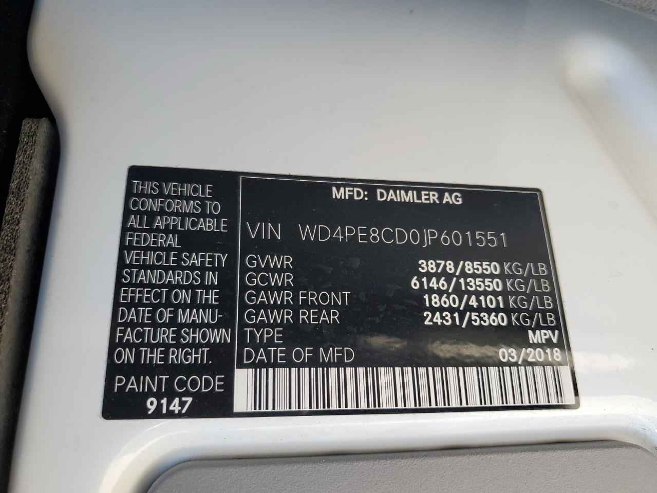 2018 Mercedes-Benz Sprinter 2500 VIN: WD4PE8CD0JP601551 Lot: 89343525