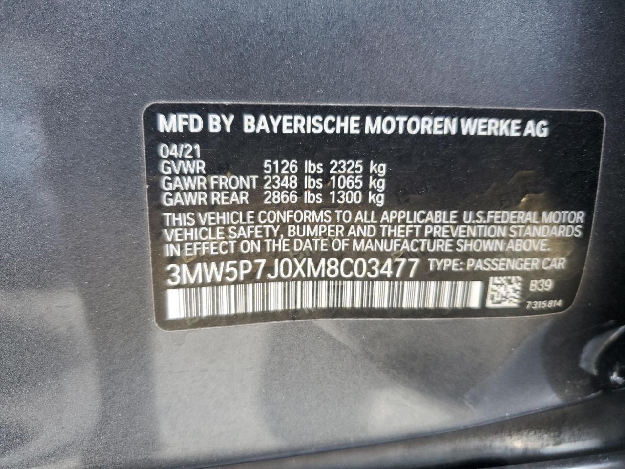 2021 BMW 330E VIN: 3MW5P7J0XM8C03477 Lot: 42364025