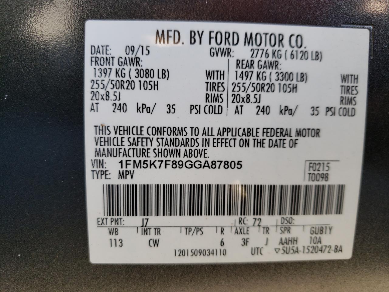 2016 Ford Explorer Limited VIN: 1FM5K7F89GGA87805 Lot: 88551065