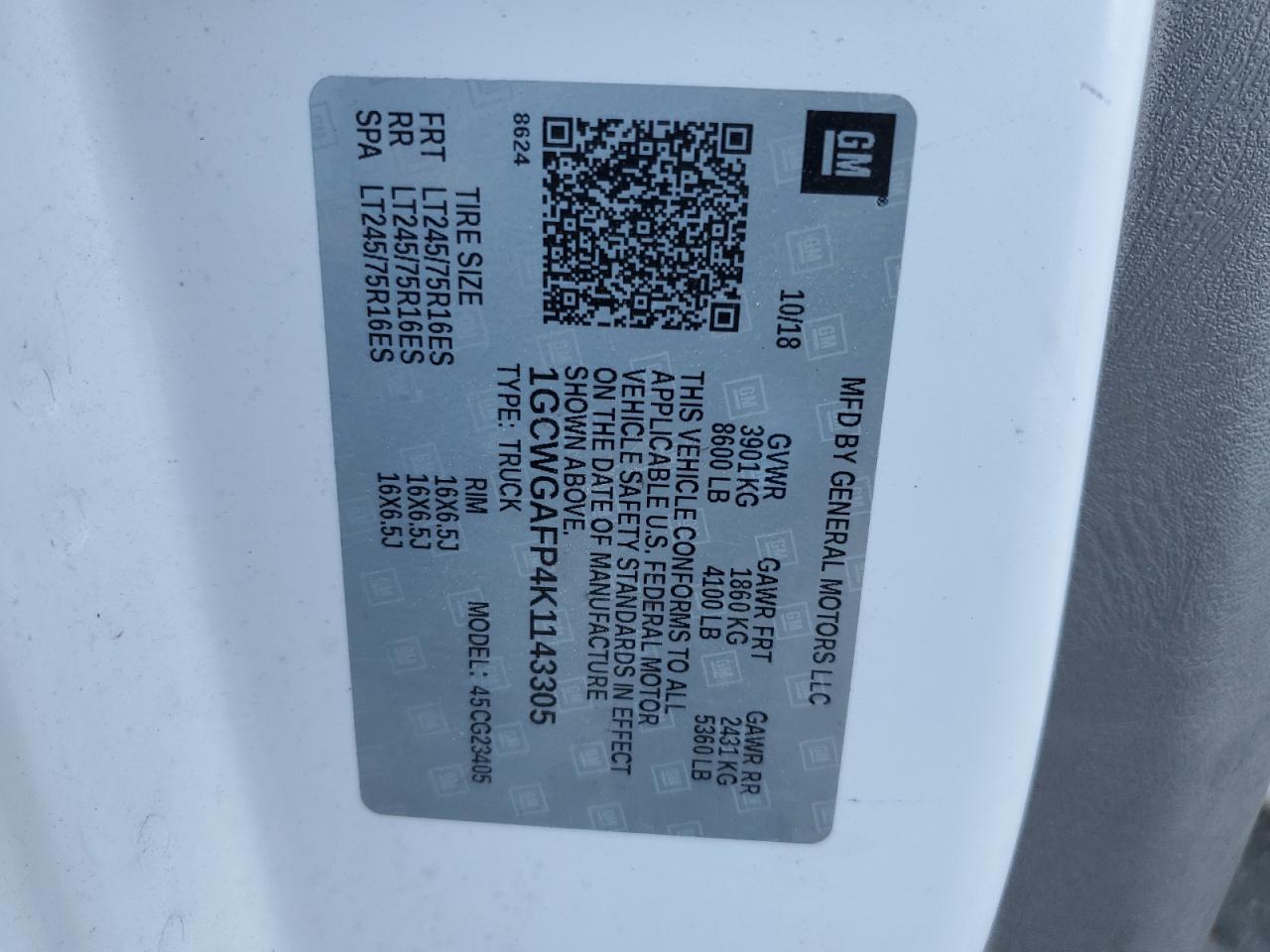 2019 Chevrolet Express G2500 VIN: 1GCWGAFP4K1143305 Lot: 88410405