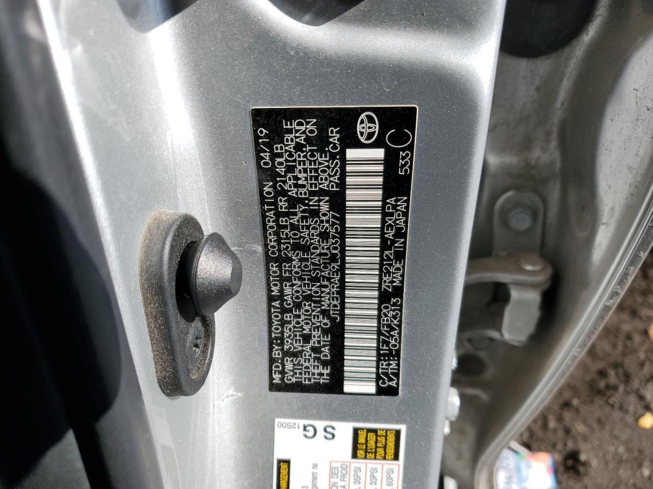 JTDEPRAE9LJ037577 TOYOTA COROLLA 2020