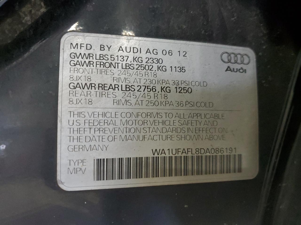 VIN WA1UFAFL8DA086191 2013 AUDI A4 no.13