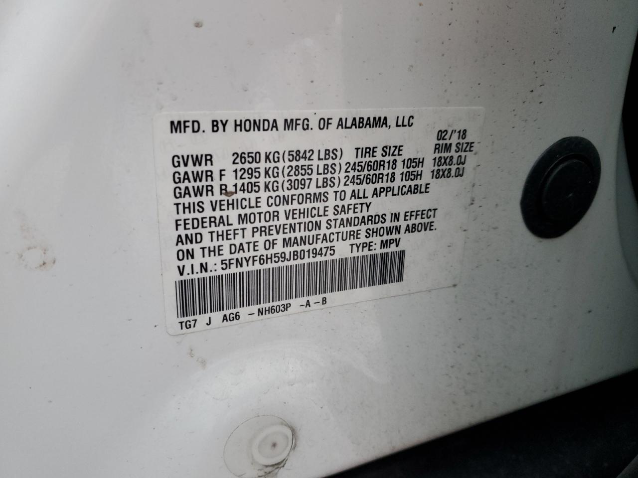 2018 Honda Pilot Exl VIN: 5FNYF6H59JB019475 Lot: 89142885