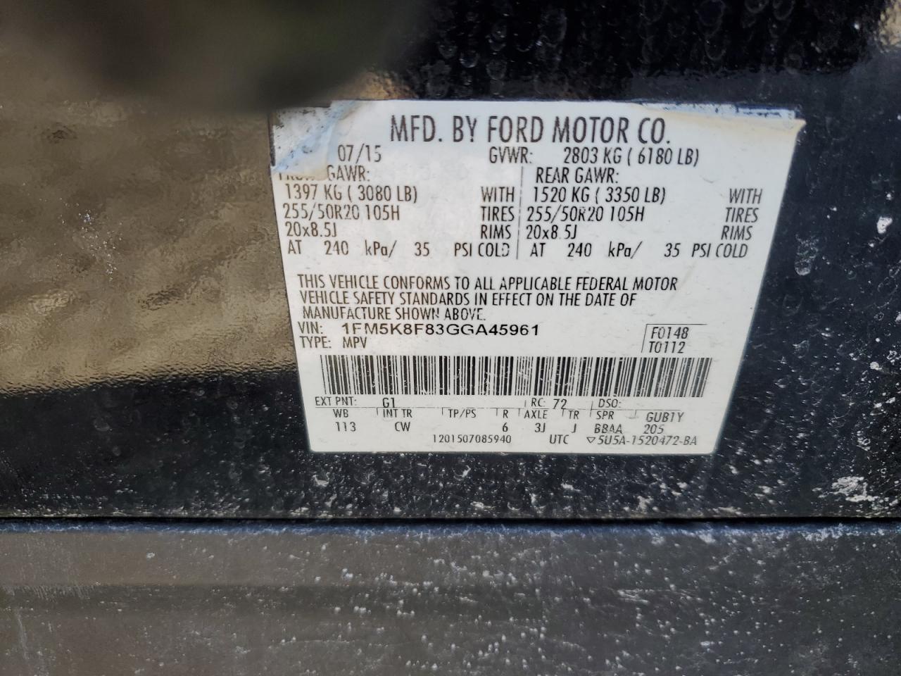1FM5K8F83GGA45961 FORD EXPLORER 2016