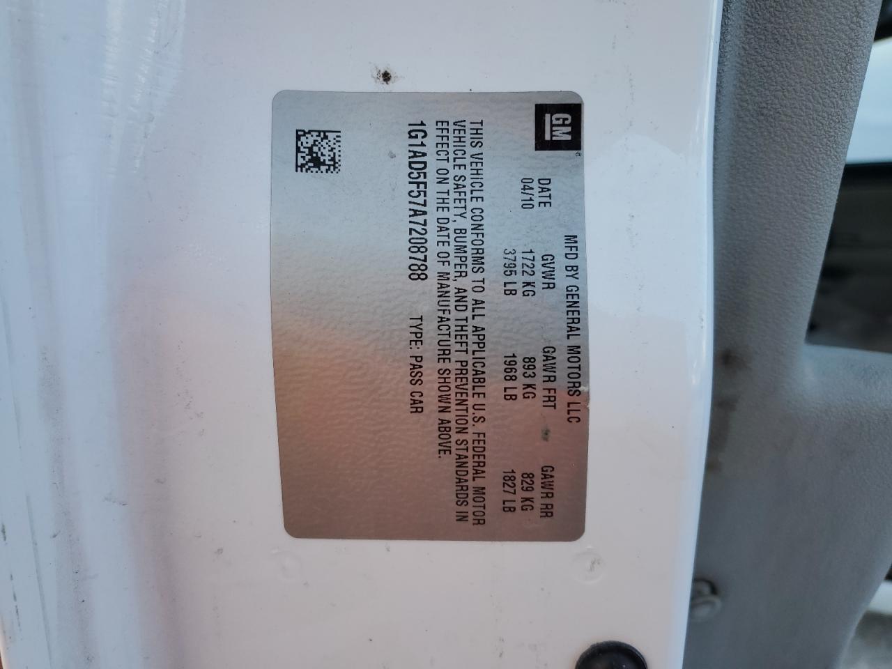 2010 Chevrolet Cobalt 1Lt VIN: 1G1AD5F57A7208788 Lot: 87848685