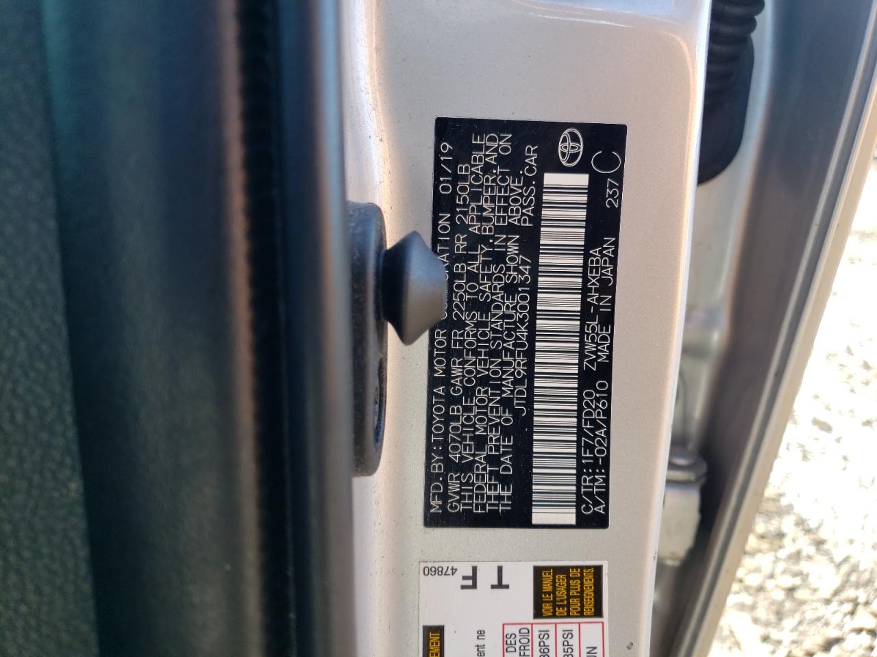 JTDL9RFU4K3001347 TOYOTA PRIUS 2019