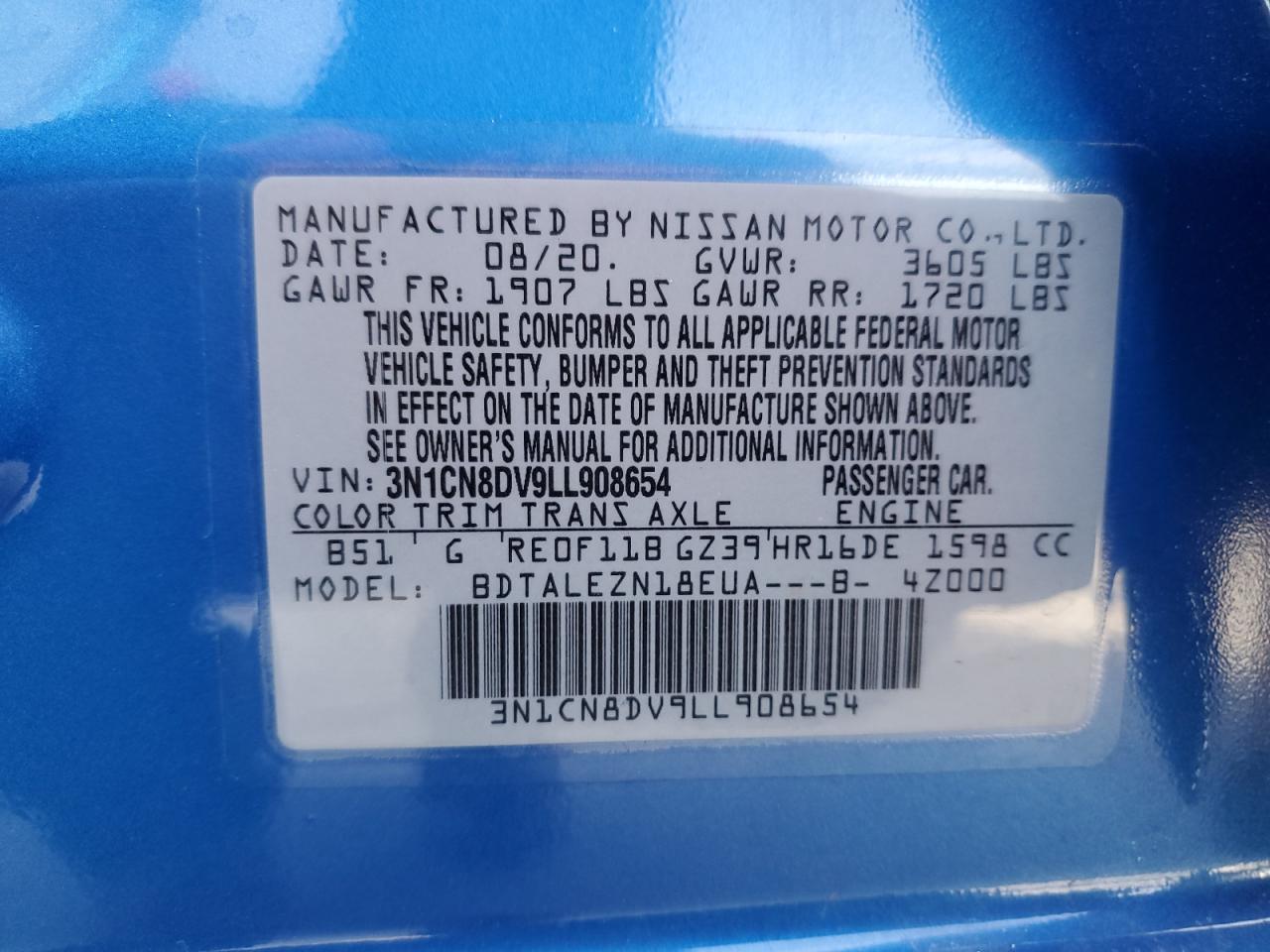 3N1CN8DV9LL908654 NISSAN VERSA 2020