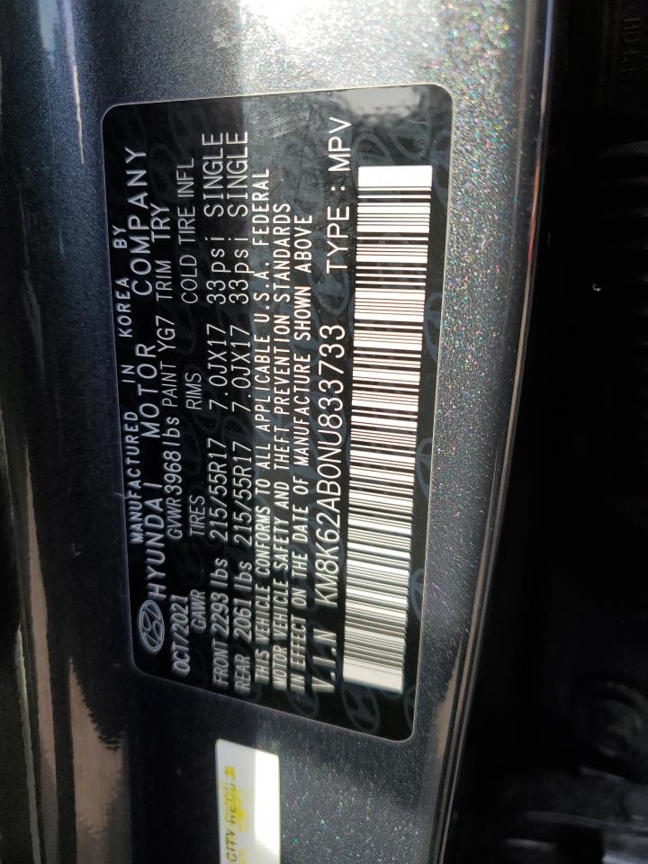 2022 Hyundai Kona Sel VIN: KM8K62AB0NU833733 Lot: 87889905