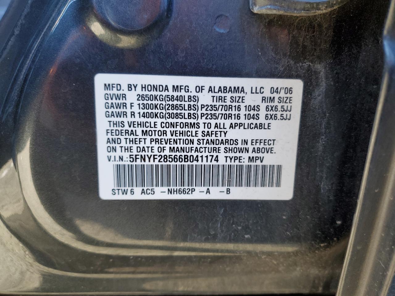 2006 Honda Pilot Ex VIN: 5FNYF28566B041174 Lot: 88174935