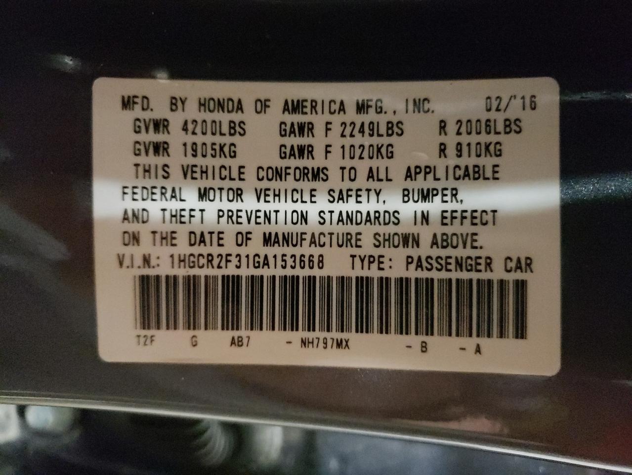 1HGCR2F31GA153668 HONDA ACCORD 2016