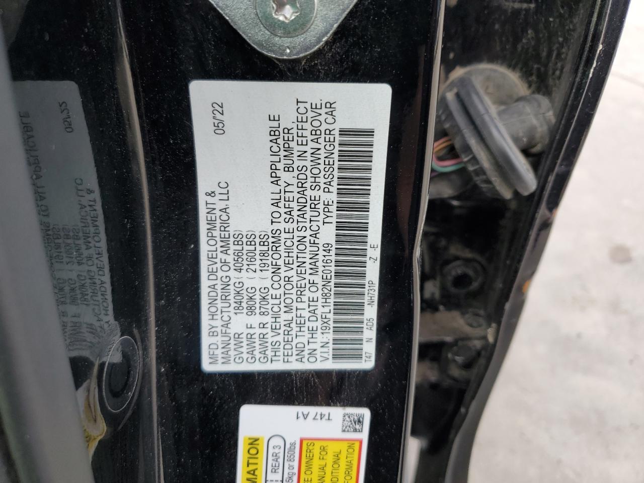 19XFL1H82NE016149 HONDA CIVIC 2022