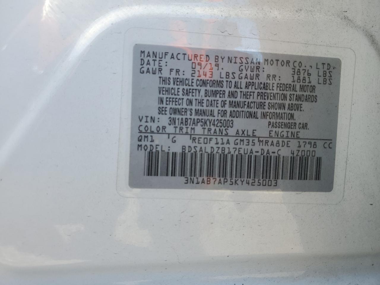 3N1AB7AP5KY425003 NISSAN SENTRA 2019