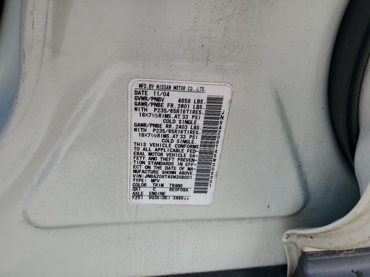 2005 Nissan Murano Sl VIN: JN8AZ08T45W308001 Lot: 43214335