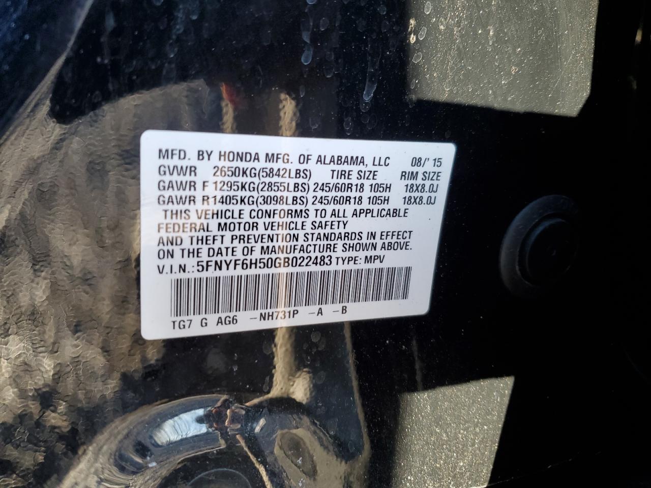 5FNYF6H50GB022483 HONDA PILOT 2016