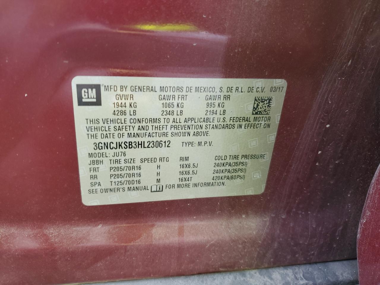 3GNCJKSB3HL230612 CHEVROLET TRAX 2017