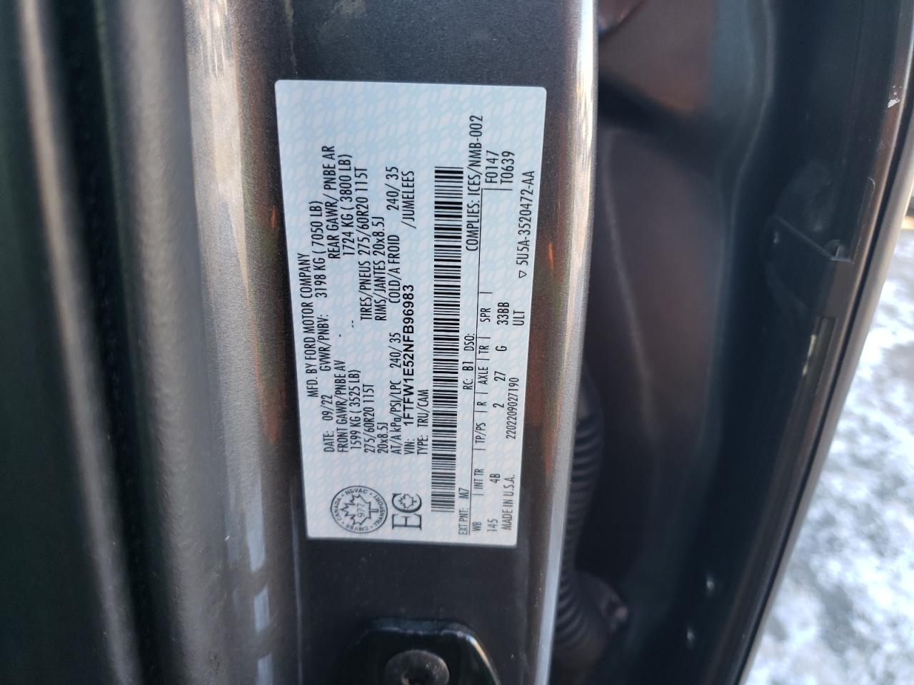 2022 Ford F150 Supercrew VIN: 1FTFW1E52NFB96983 Lot: 84740854