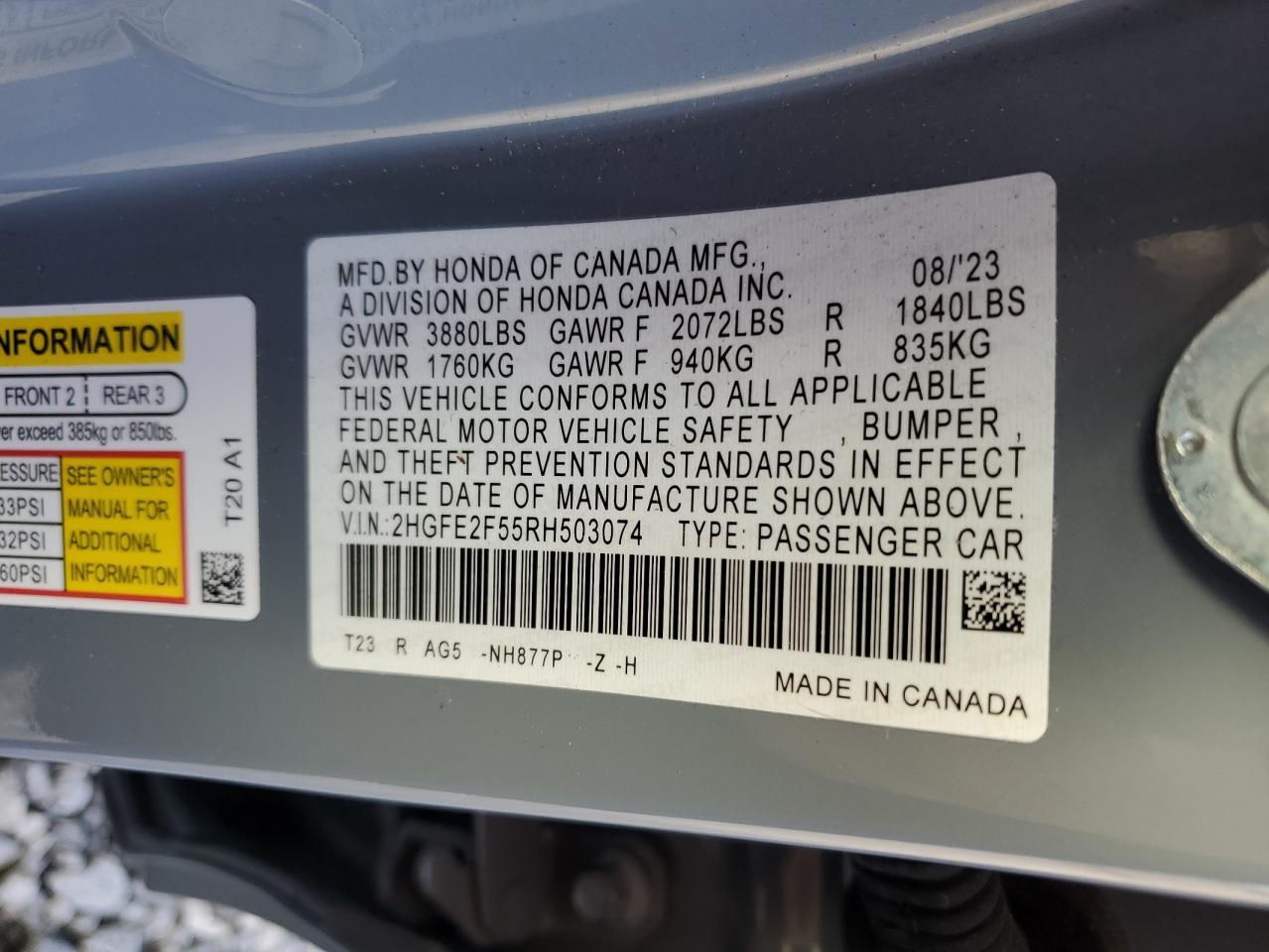 2HGFE2F55RH503074 HONDA CIVIC 2024