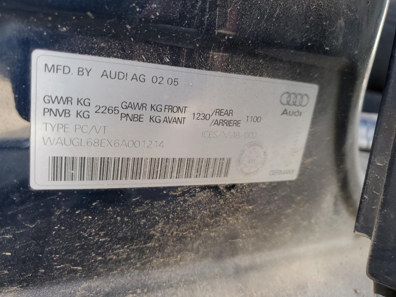 2006 Audi S4 Quattro VIN: WAUGL68EX6A001214 Lot: 88654205