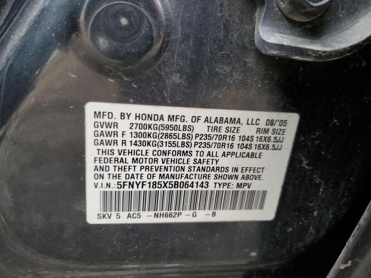 2005 Honda Pilot Exl VIN: 5FNYF185X5B064143 Lot: 87448234