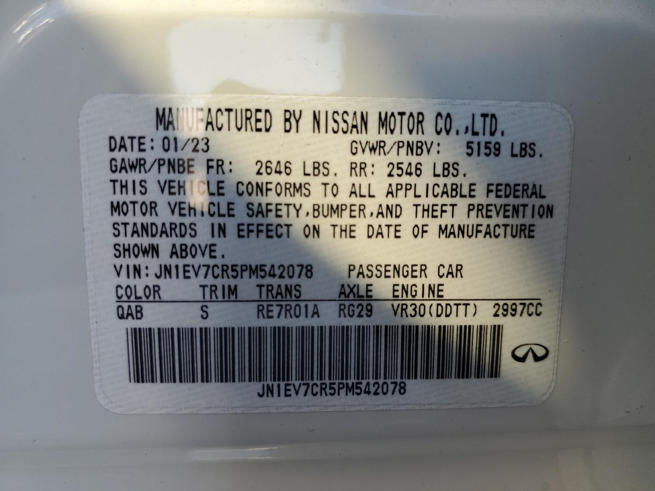 2023 Infiniti Q50 Sensory VIN: JN1EV7CR5PM542078 Lot: 87164494