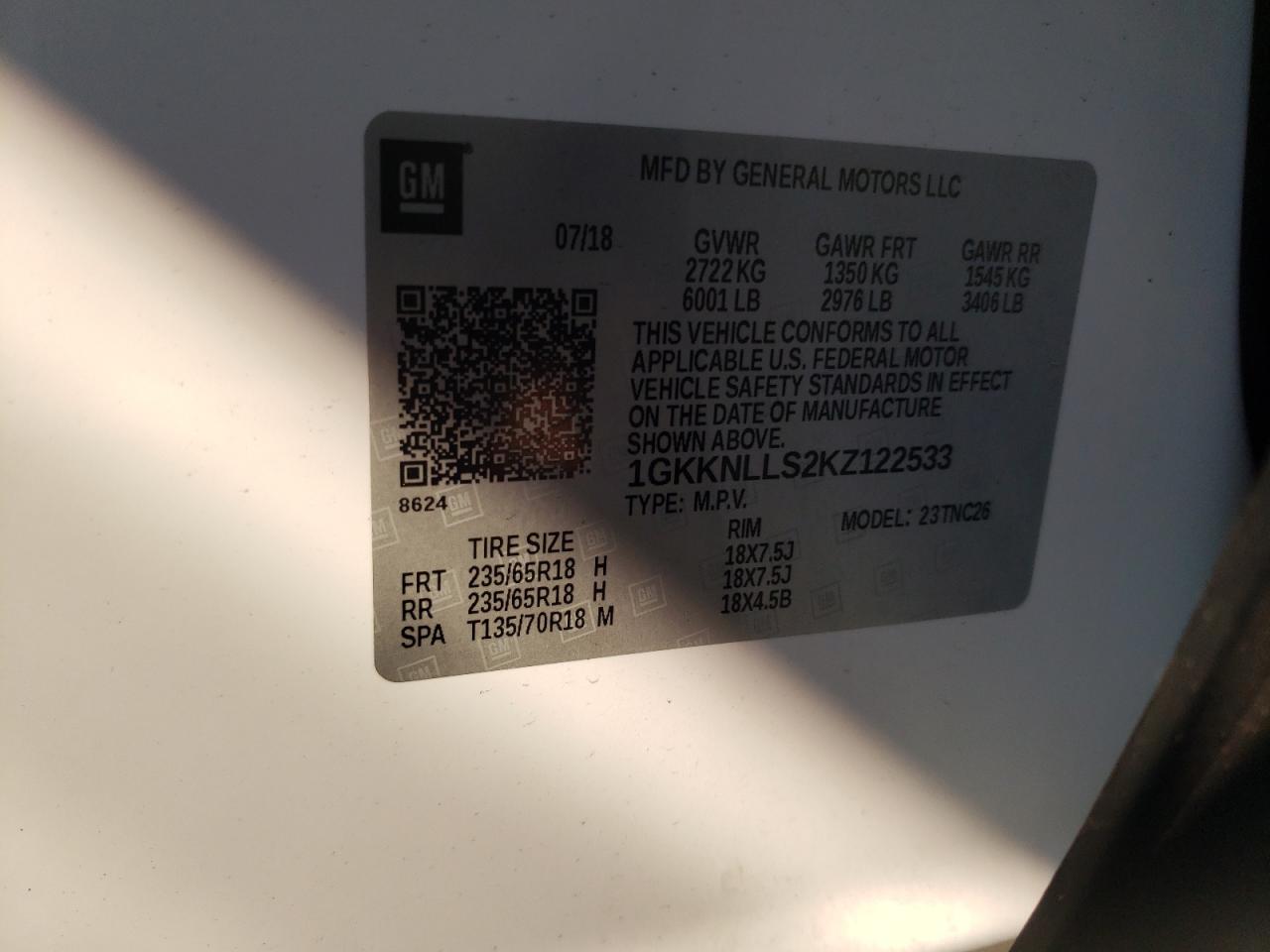 2019 GMC Acadia Sle VIN: 1GKKNLLS2KZ122533 Lot: 88440165