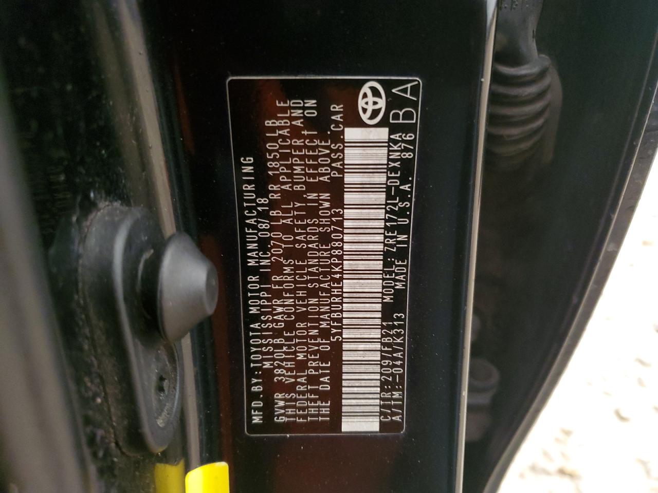 5YFBURHE4KP880713 TOYOTA COROLLA 2019