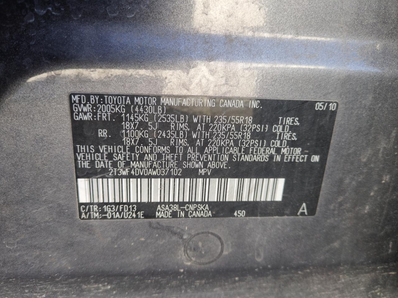 2010 Toyota Rav4 Sport VIN: 2T3WF4DV0AW037102 Lot: 87744635