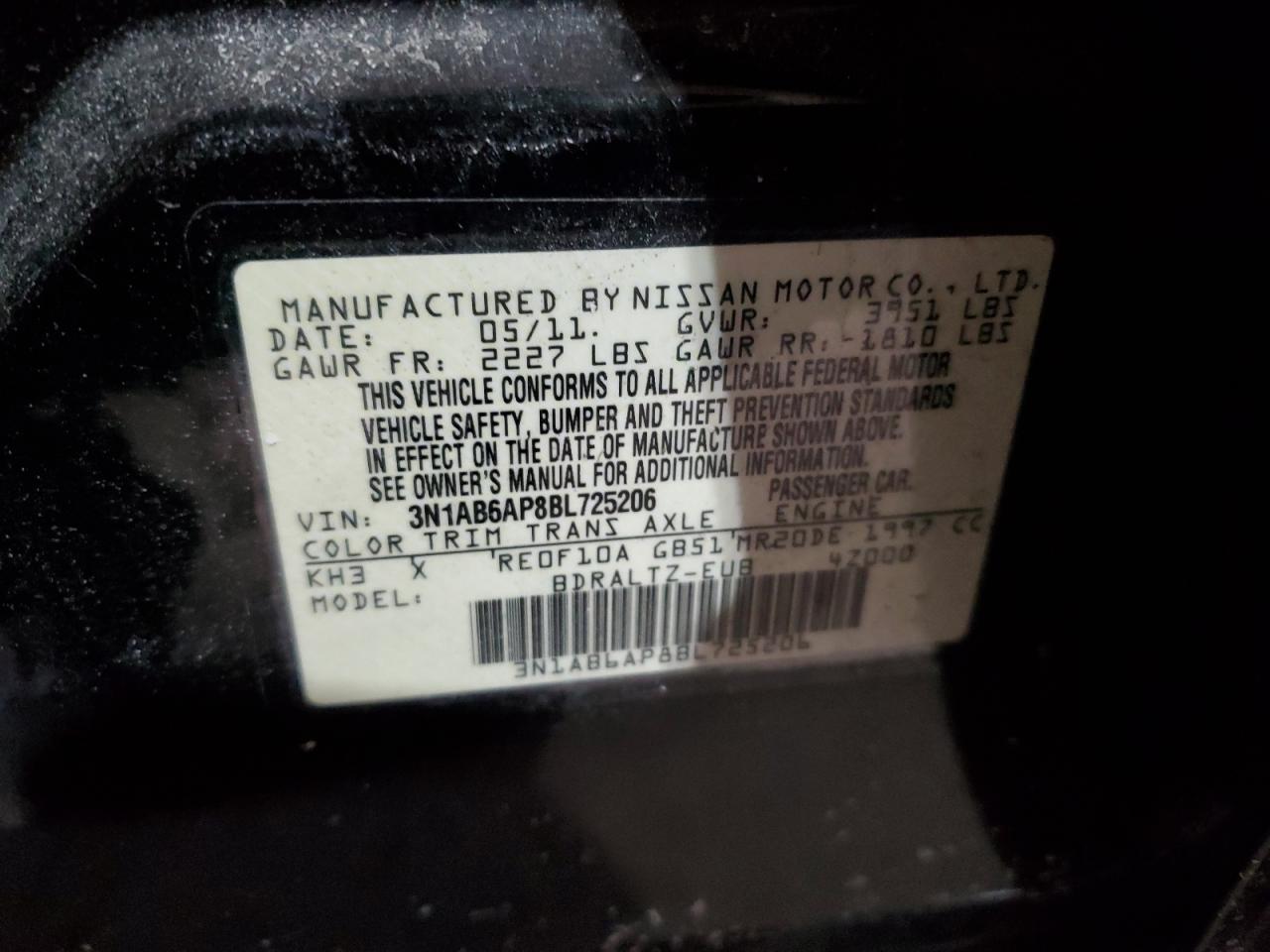 2011 Nissan Sentra 2.0 VIN: 3N1AB6AP8BL725206 Lot: 41793275