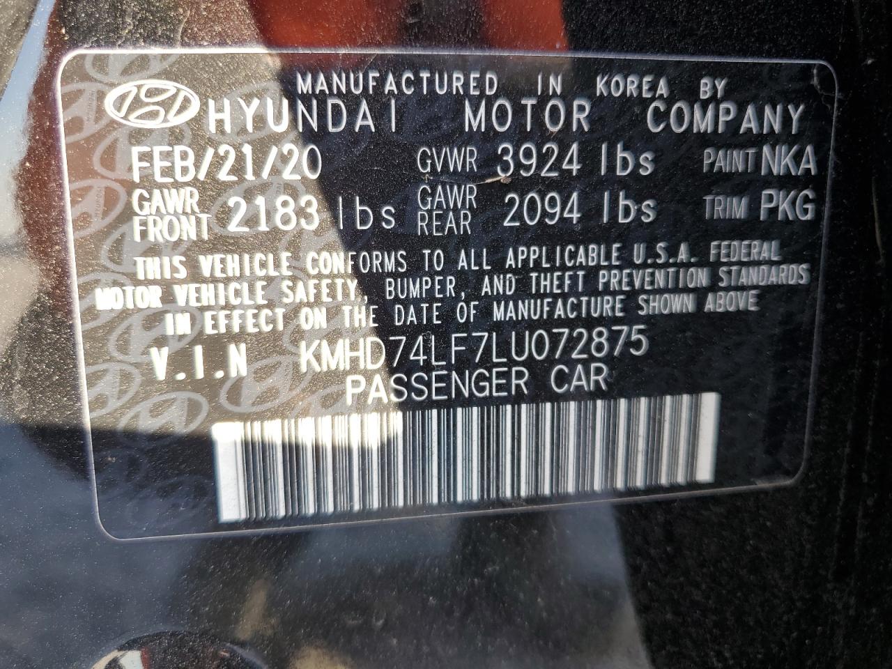 VIN KMHD74LF7LU072875 2020 HYUNDAI ELANTRA no.12