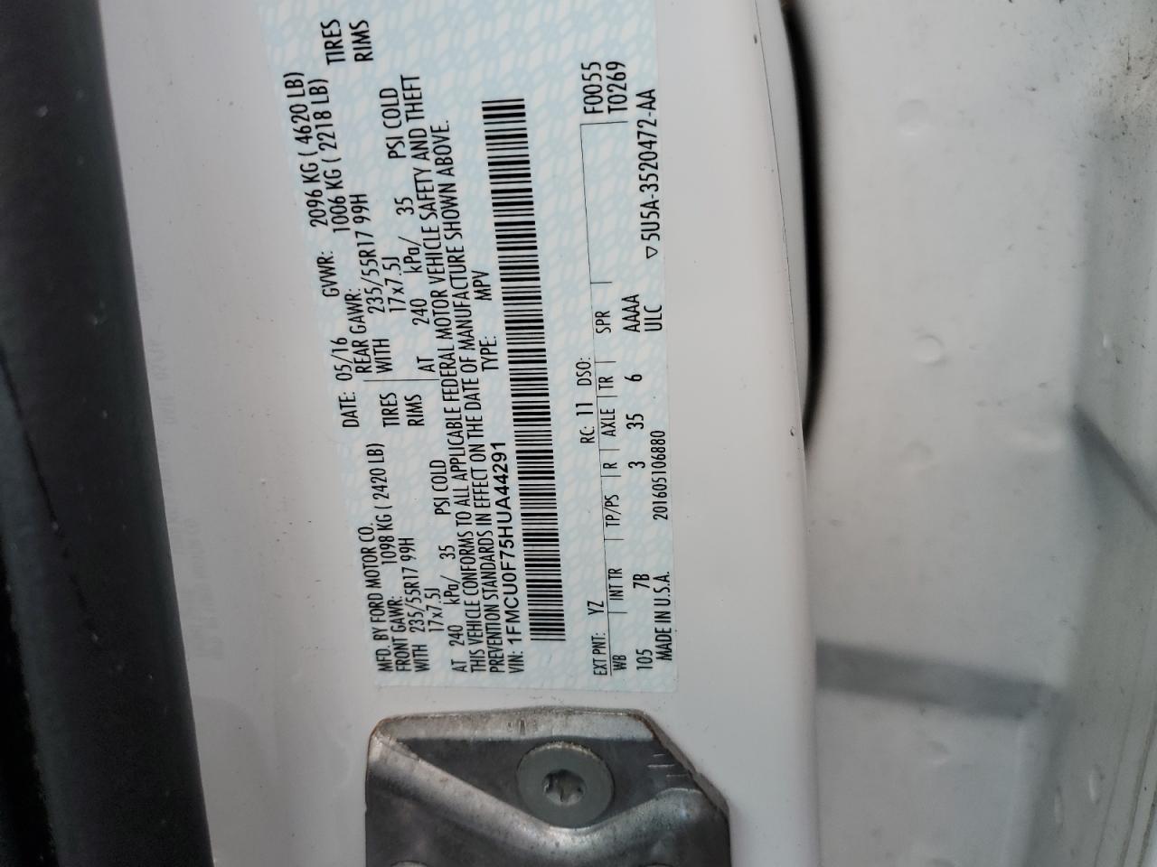 1FMCU0F75HUA44291 FORD ESCAPE 2017