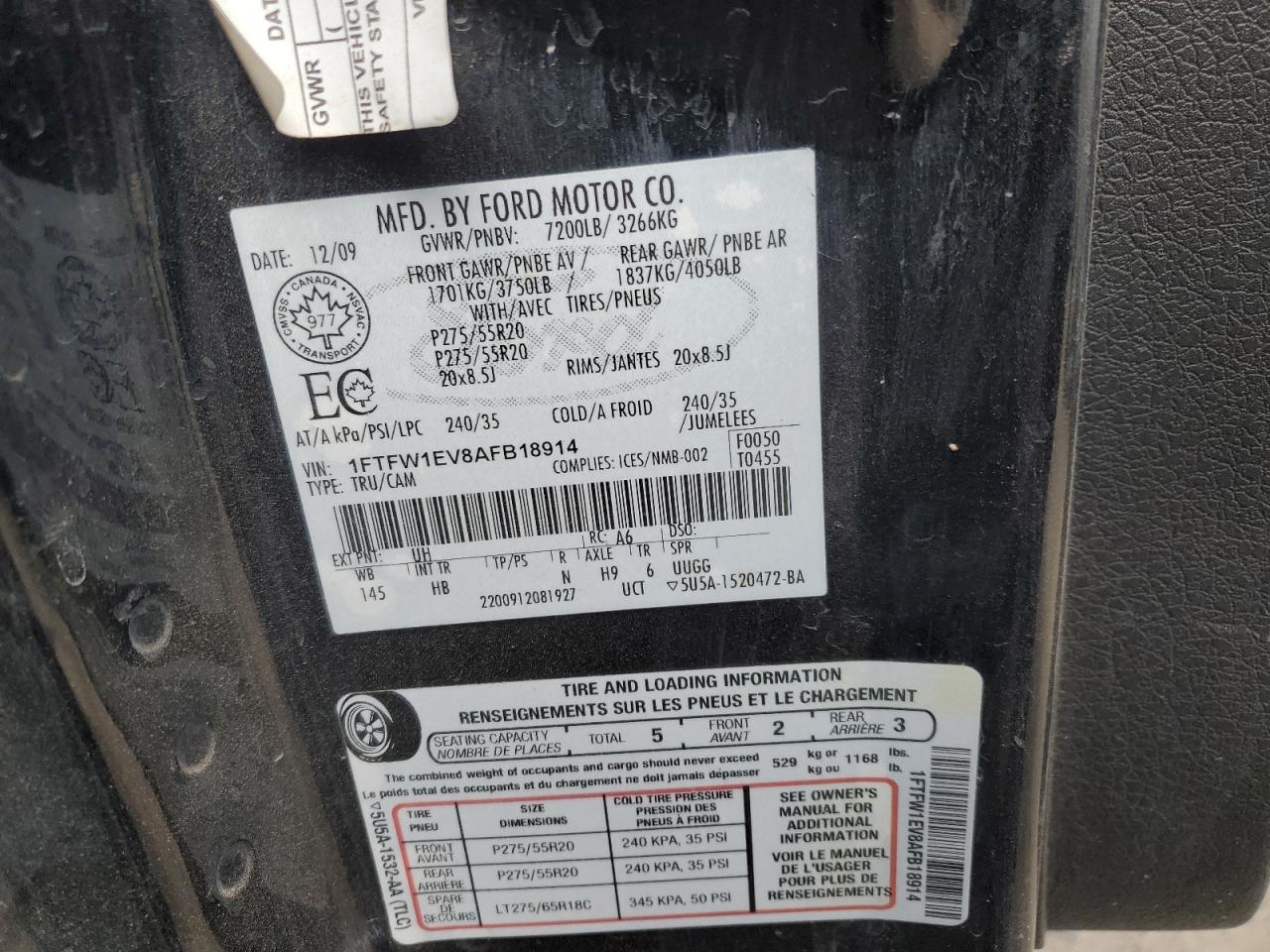 2010 Ford F150 Supercrew VIN: 1FTFW1EV8AFB18914 Lot: 89135405