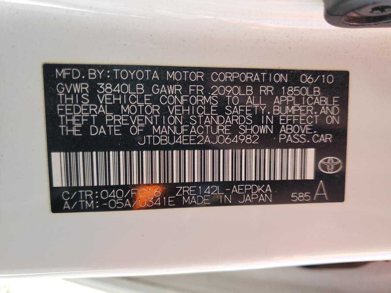 2010 Toyota Corolla Base VIN: JTDBU4EE2AJ064982 Lot: 87296494