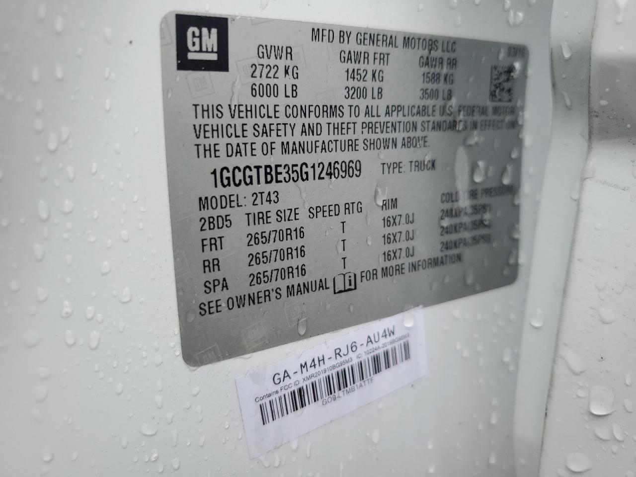 1GCGTBE35G1246969 CHEVROLET COLORADO 2016