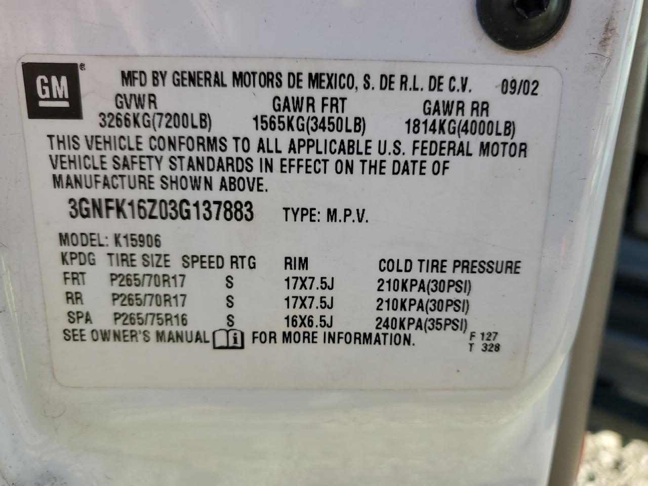 2003 Chevrolet Suburban K1500 VIN: 3GNFK16Z03G137883 Lot: 87057554