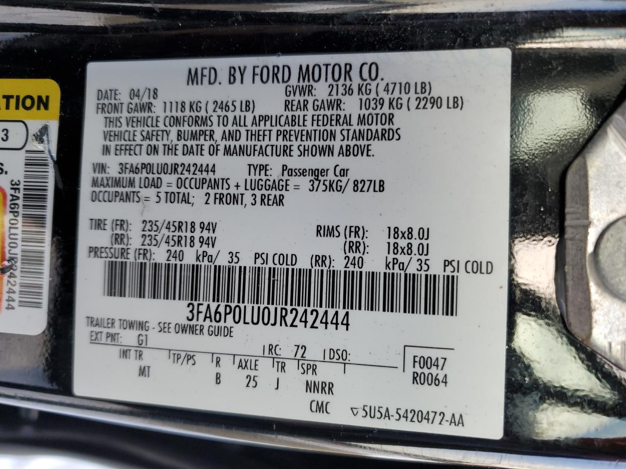 3FA6P0LU0JR242444 FORD FUSION 2018