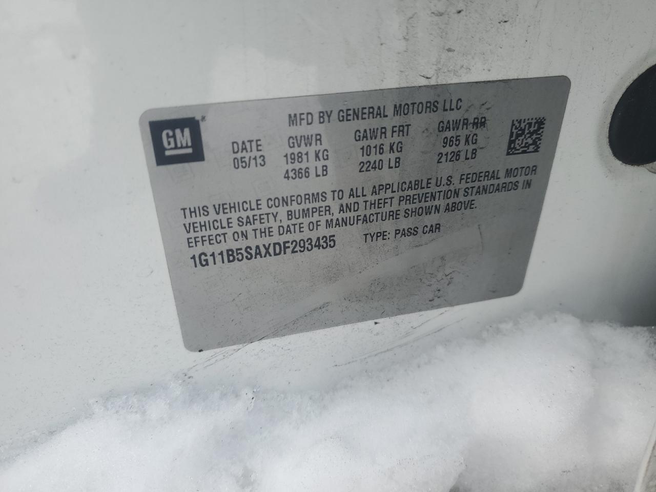 2013 Chevrolet Malibu Ls VIN: 1G11B5SAXDF293435 Lot: 86127134