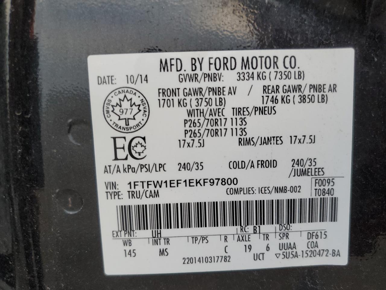 VIN 1FTFW1EF1EKF97800 2014 FORD F-150 no.12